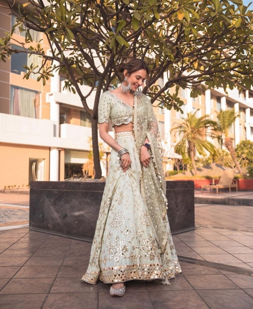 ivory lahenga with mirror work