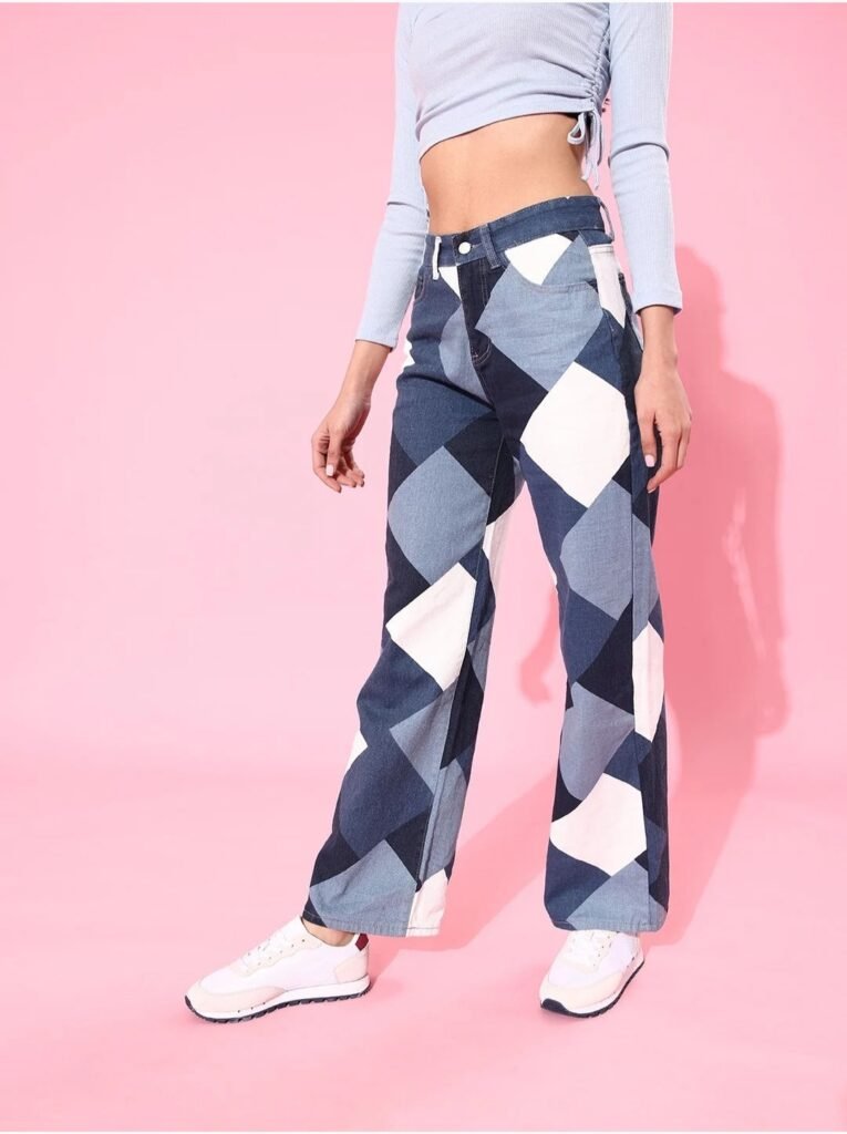asymmetric multicolure printed jeans