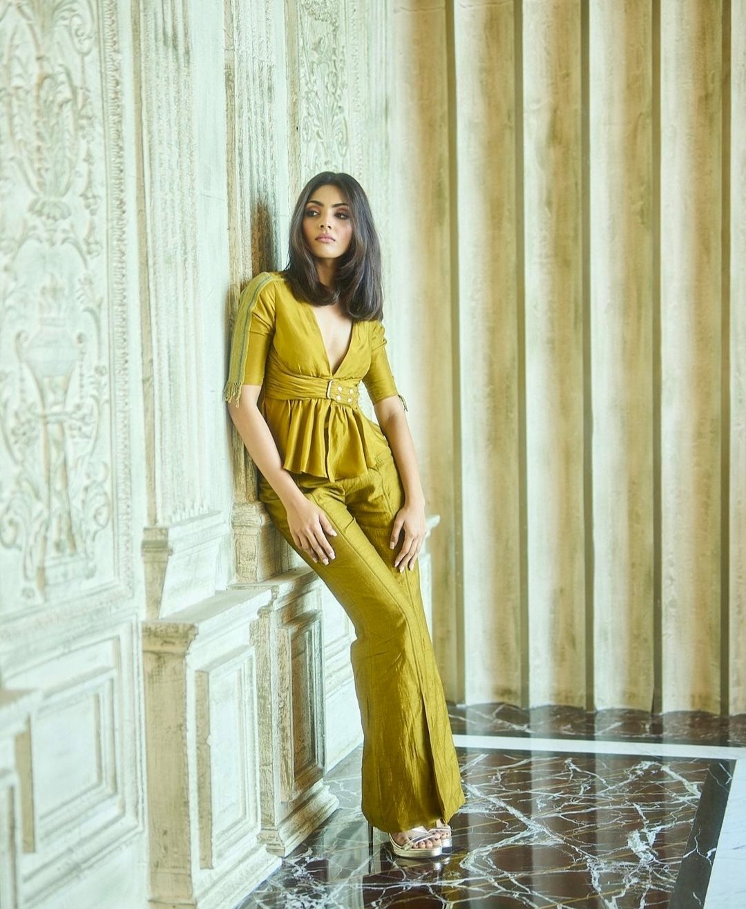 Ocher silk peplum top with front slit Palazzo set
