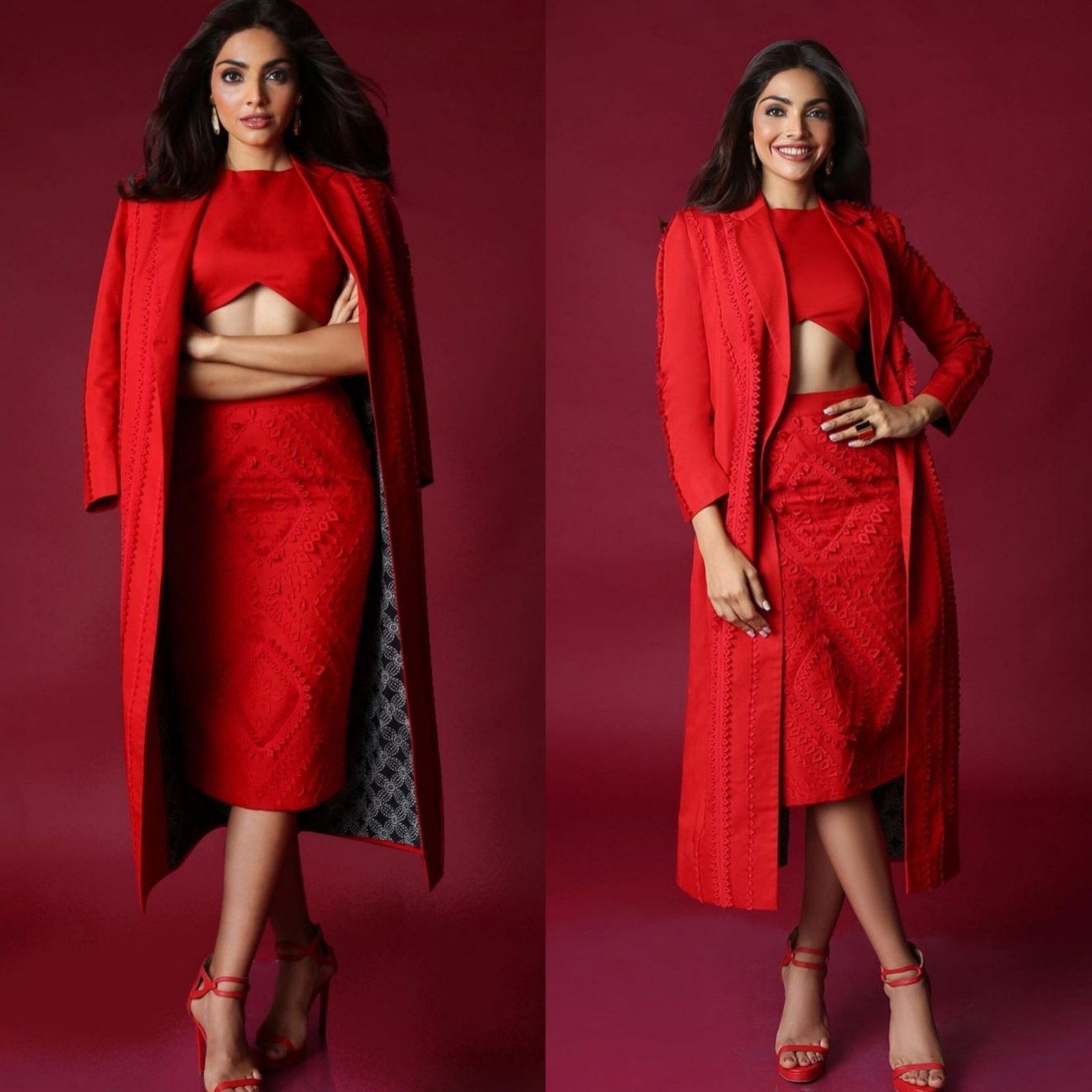 red blazer and skirt suit