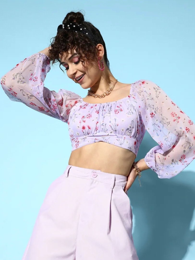 Bishop sleeve chiffon crop top