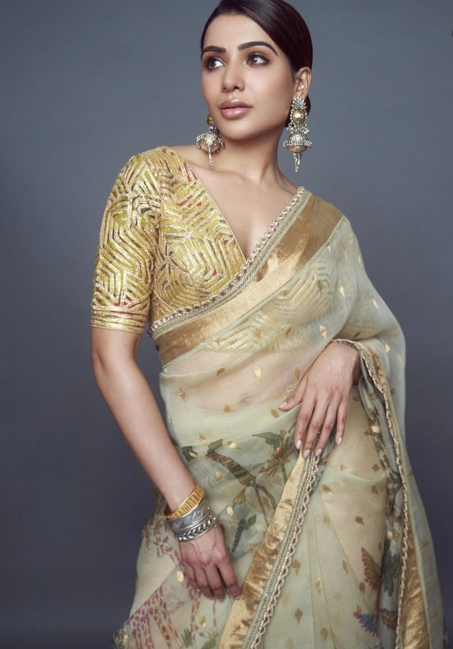 Hand painted kalamkari saree with elbow sleeves