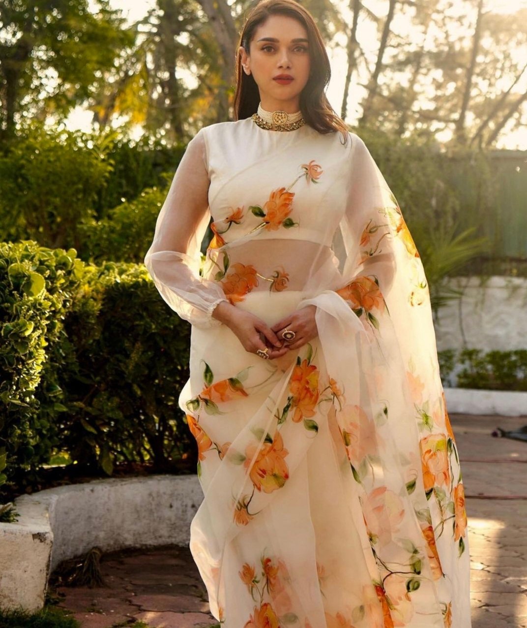 Organza saree with bishop sleeve blouse